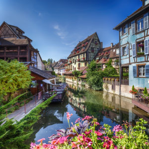 summer panorama in colmar, named " little venice". alsace region in france